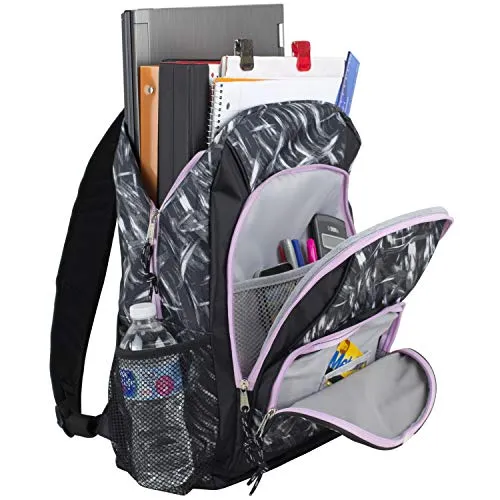 Eastsport Multi Pocket School Backpack, Black/Brush Stroke Print/Lilac Trim